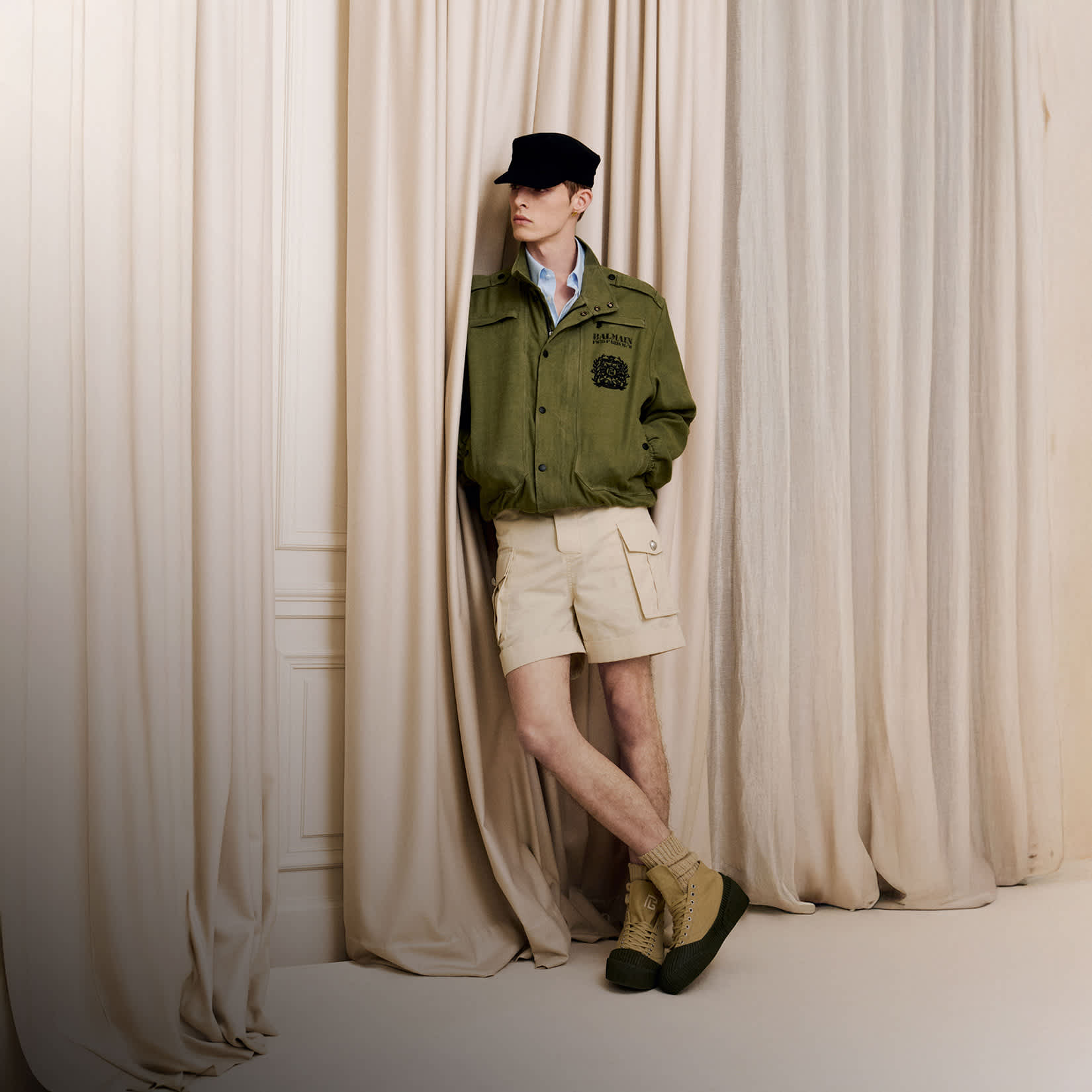 高級 BALMAIN シルク100% ブルーフォックス 毛皮 リバーシブルコート